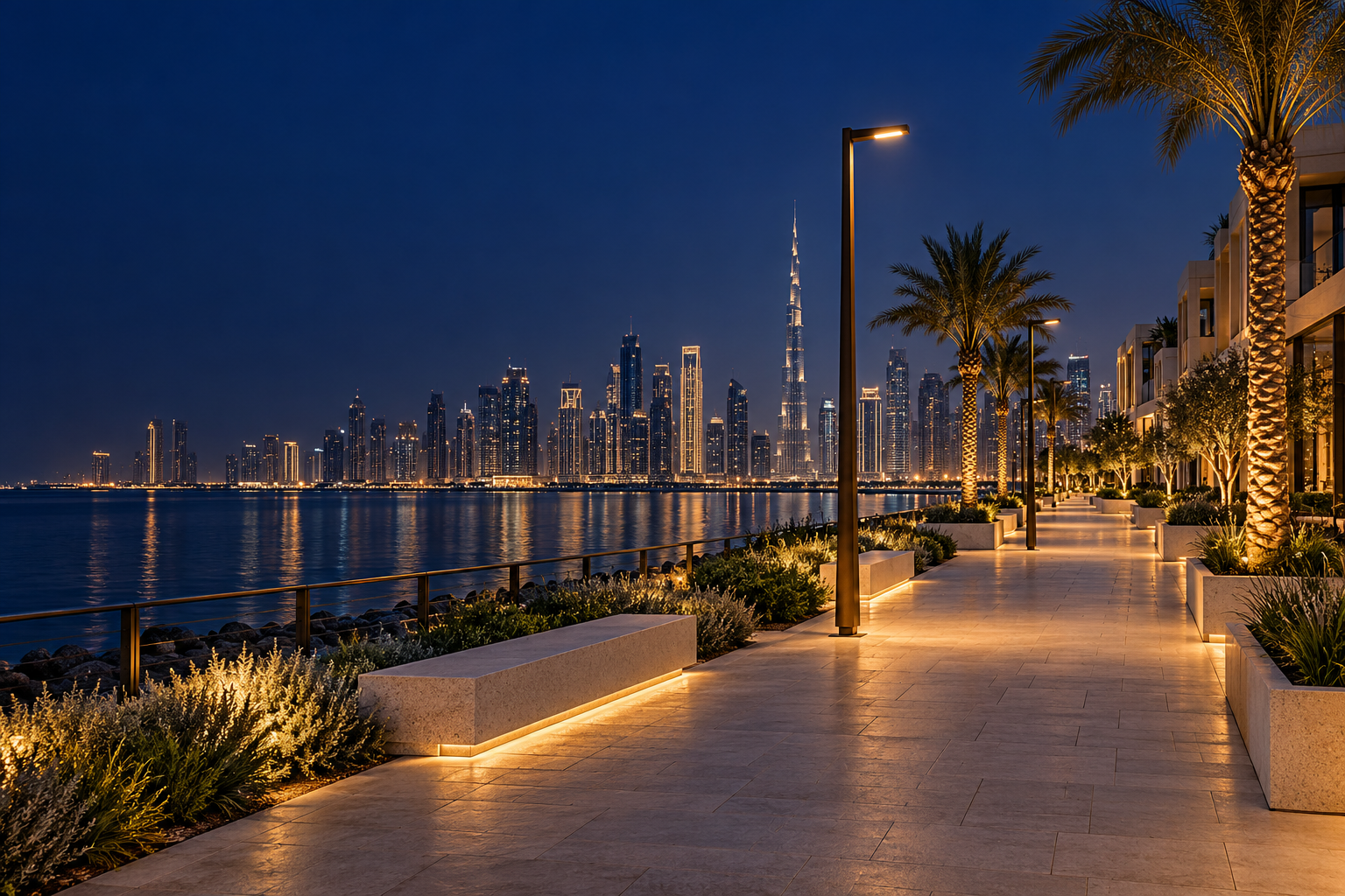 Concept of an illuminated urban promenade in Dubai